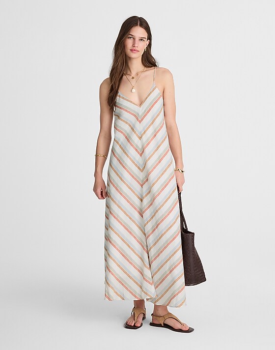 madewell Striped V-Neck Midi Dress in 100% Linen brown red blue stripe