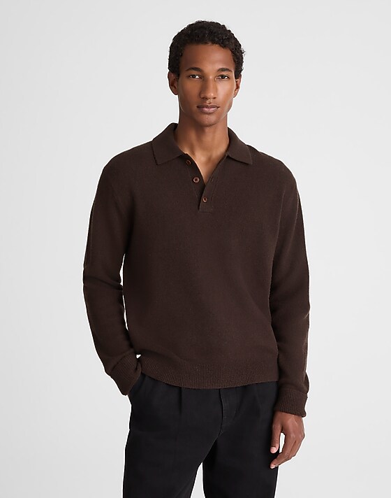 Madewell Sweater Polo In Heritage Merino Wool Heather Dark Brown