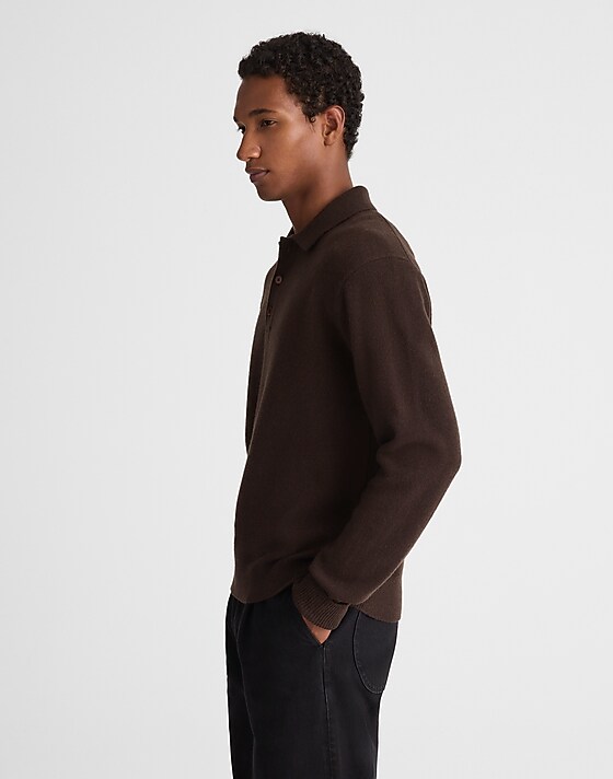 Madewell Sweater Polo In Heritage Merino Wool Heather Dark Brown