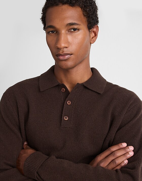 madewell Sweater Polo in Heritage Merino Wool heather dark brown