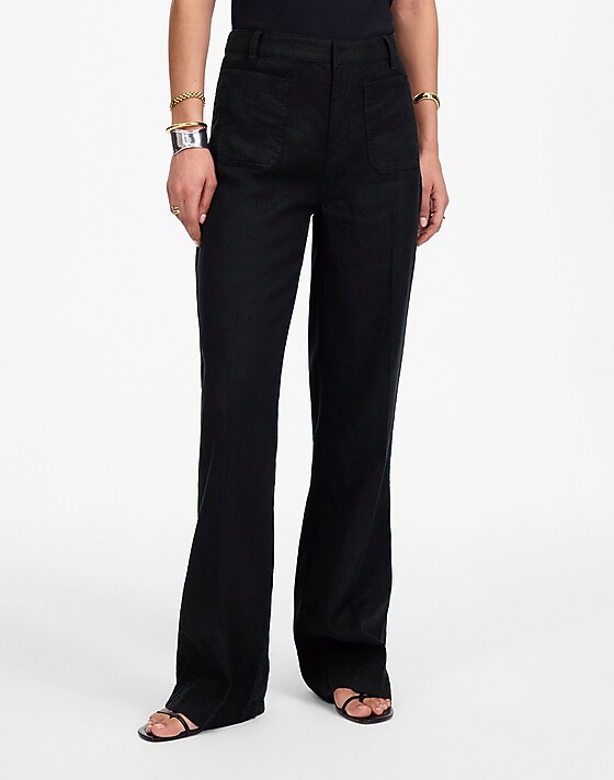 Madewell Tall Patch Pocket Flare Pant In 100% Linen Jet Black
