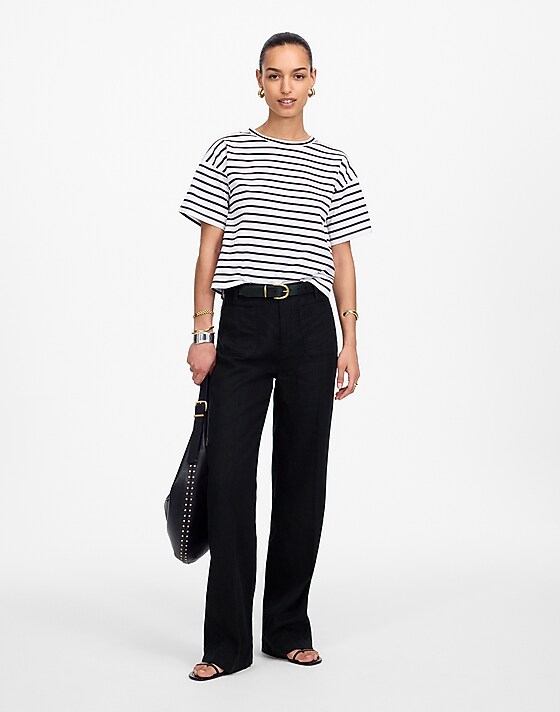 madewell Tall Patch Pocket Flare Pant in 100% Linen jet black