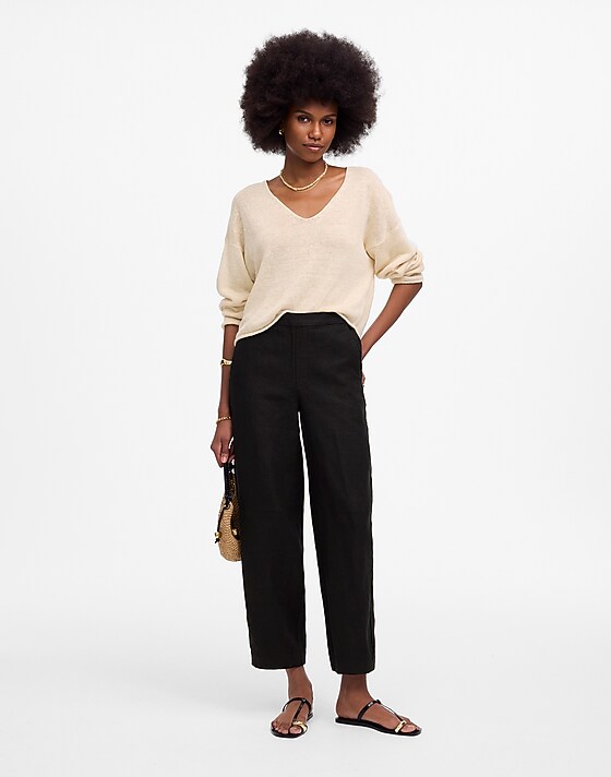 madewell Tall Pull-On Barrel Pants in 100% Linen jet black