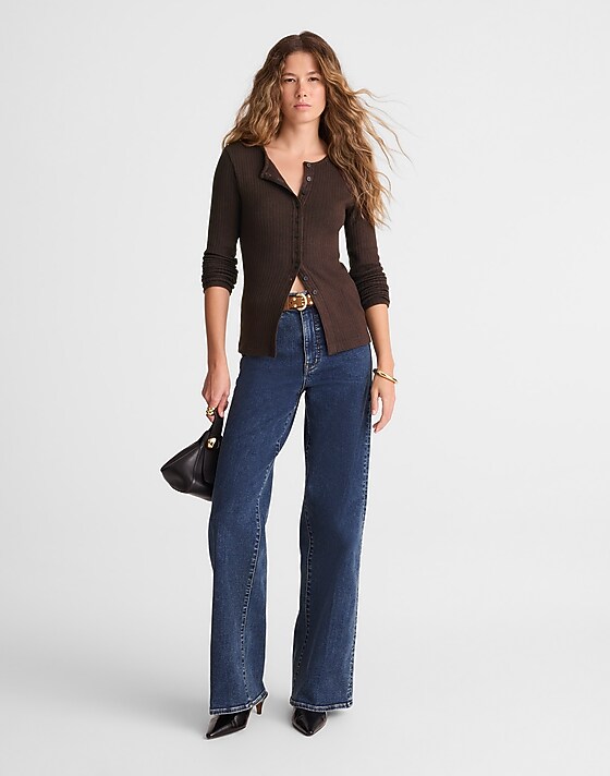 Madewell Textural Cutaway Crewneck Cardigan Molasses