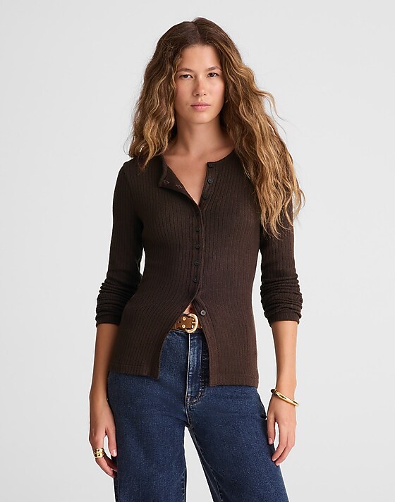 madewell Textural Cutaway Crewneck Cardigan molasses