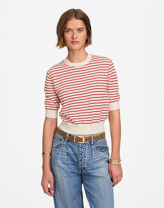 Madewell Textural-Stitch Cotton Sweater Bright Flame Stripe
