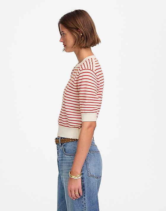 Madewell Textural-Stitch Cotton Sweater Bright Flame Stripe