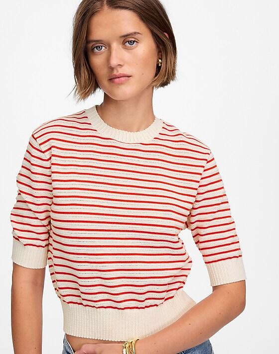 madewell Textural-Stitch Cotton Sweater bright flame stripe
