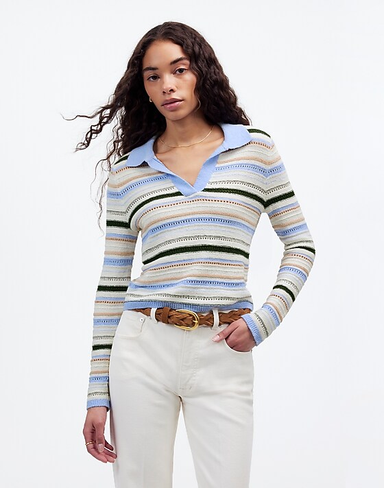 Madewell Textural-Stitch Johnny Collar Sweater Peri Blue Multi Stripe