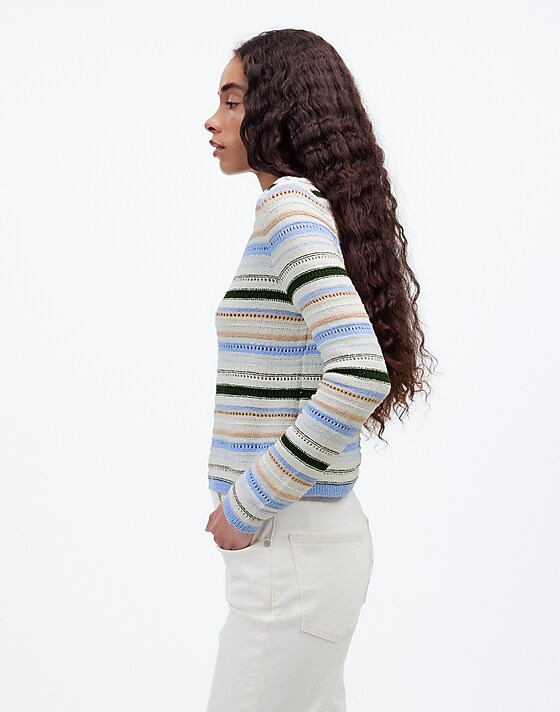 Madewell Textural-Stitch Johnny Collar Sweater Peri Blue Multi Stripe