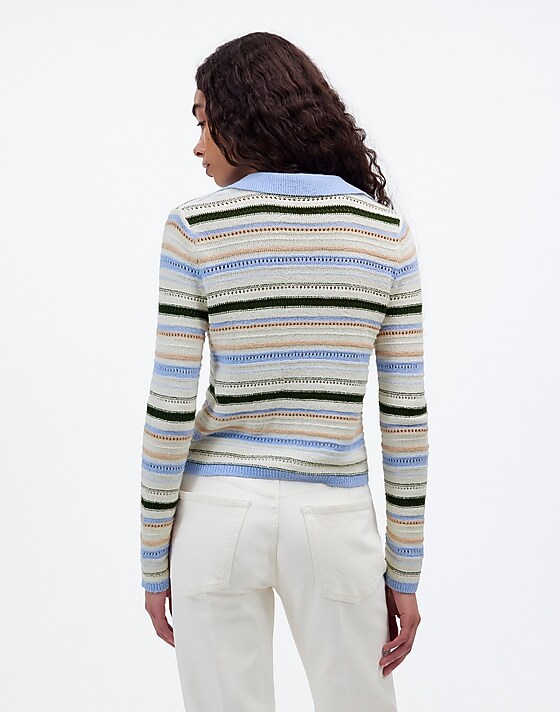 Madewell Textural-Stitch Johnny Collar Sweater Peri Blue Multi Stripe