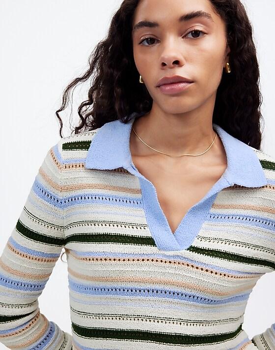 madewell Textural-Stitch Johnny Collar Sweater peri blue multi stripe