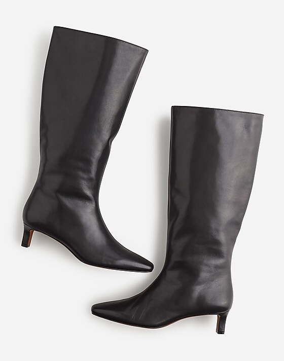 madewell The Dimes Kitten-Heel Knee-High Boot with Extended Calf in Leather true black