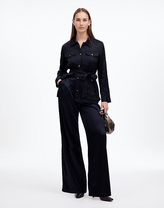 madewell The Harlow Superwide-Leg in Stretch Satin true black