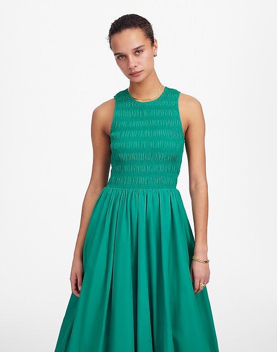 Madewell The Melody Bubble-Hem Smocked Midi Dress In Poplin Verdant Green