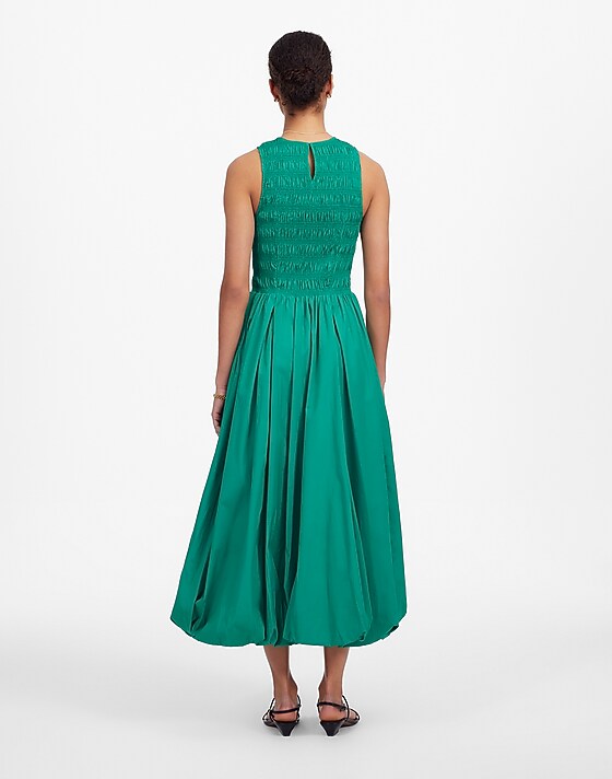 Madewell The Melody Bubble-Hem Smocked Midi Dress In Poplin Verdant Green