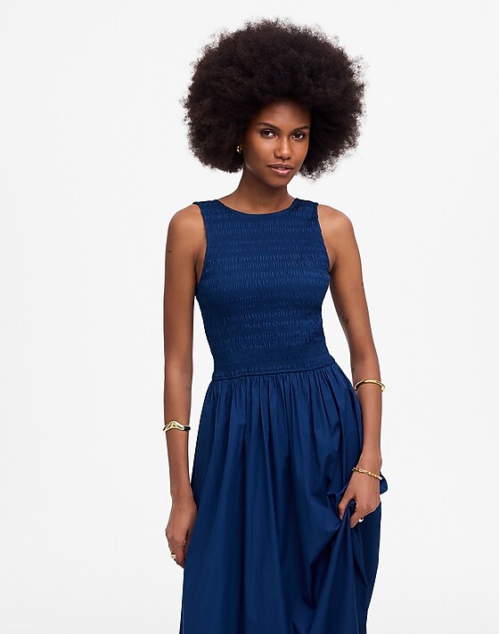 Madewell The Melody Scoopback Smocked Midi Dress Blue Moon