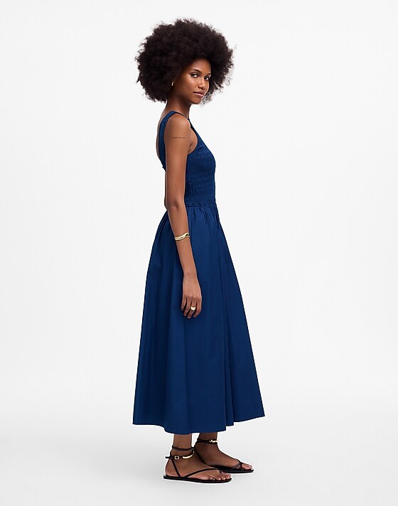 Madewell The Melody Scoopback Smocked Midi Dress Blue Moon