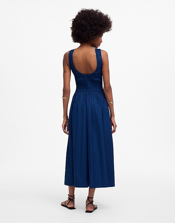 Madewell The Melody Scoopback Smocked Midi Dress Blue Moon