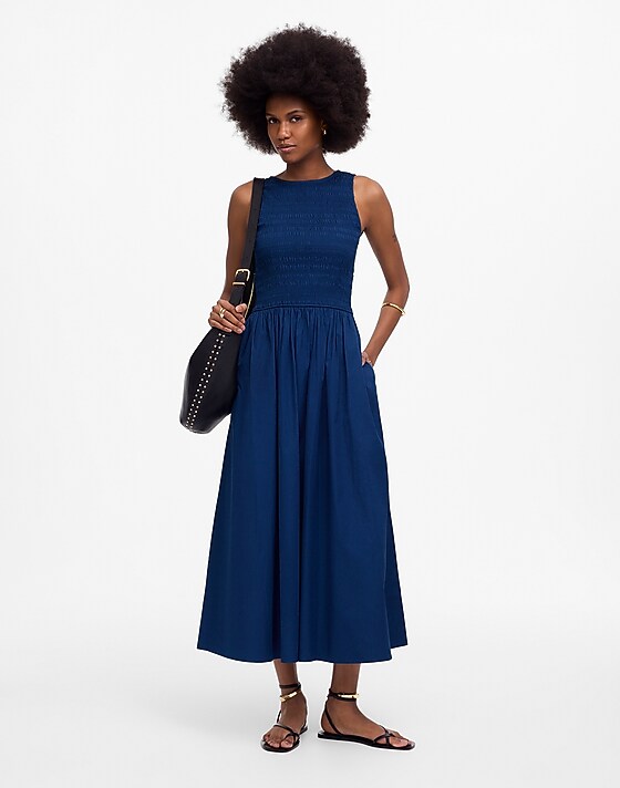 madewell The Melody Scoopback Smocked Midi Dress blue moon