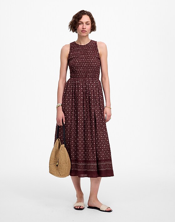 madewell The Melody Smocked Midi Dress in Daisy Print dusty plum