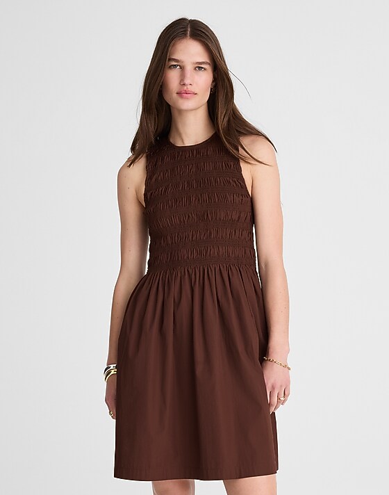 Madewell The Melody Smocked Mini Dress Roasted Chicory