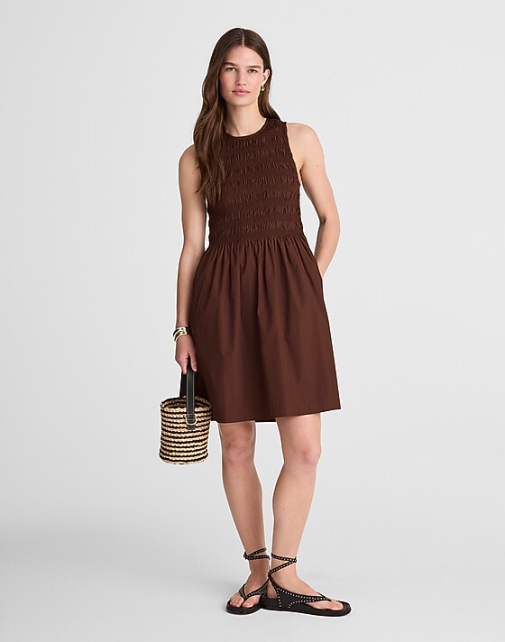 madewell The Melody Smocked Mini Dress roasted chicory