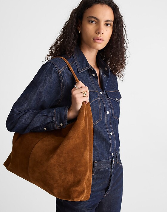 Madewell The Mylie Large Shoulder Bag In Italian Suede Dark Carob