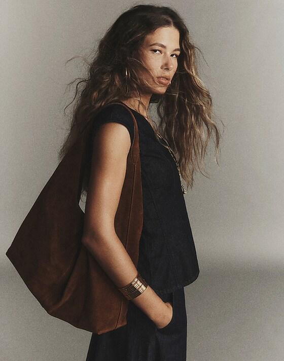 Madewell The Mylie Large Shoulder Bag In Italian Suede Dark Carob