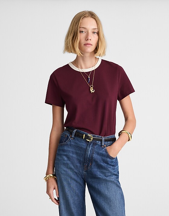 madewell The Perfect Crewneck Tee in Allday Jersey ringer tee dark pomegranate