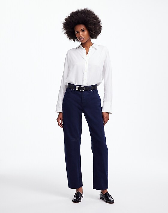 madewell The Petite Darted Barrel-Leg Jean in Garment Dye juniper berry