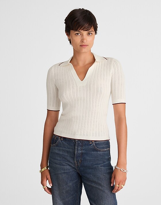 madewell The Signature Knit Johnny-Collar Sweater winter white combo