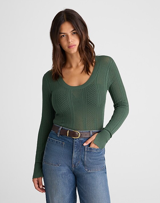 Madewell The Signature Knit Lace-Stitch Sweater Botanical Green