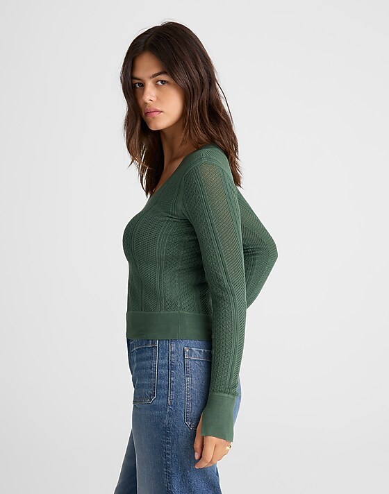 Madewell The Signature Knit Lace-Stitch Sweater Botanical Green