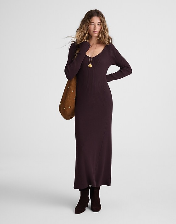 madewell The Signature Knit V-Neck Midi Dress espresso