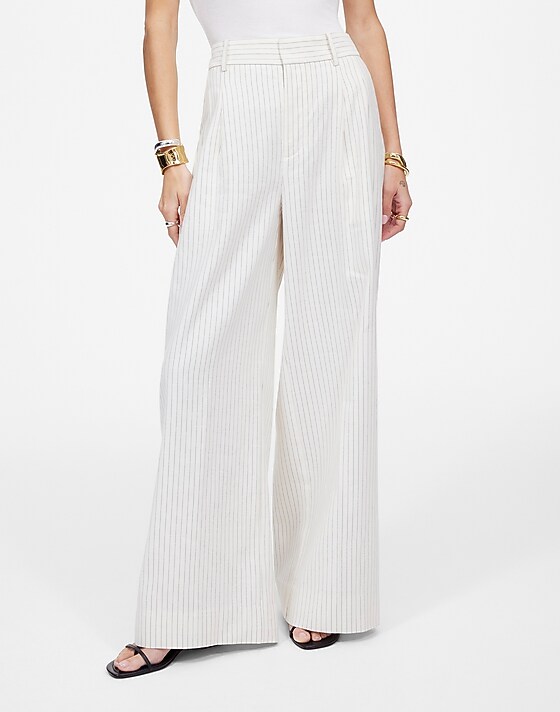 Madewell The Superwide-Leg Trouser In Pinstripe Linen Blend Ivory Black Pinstripe