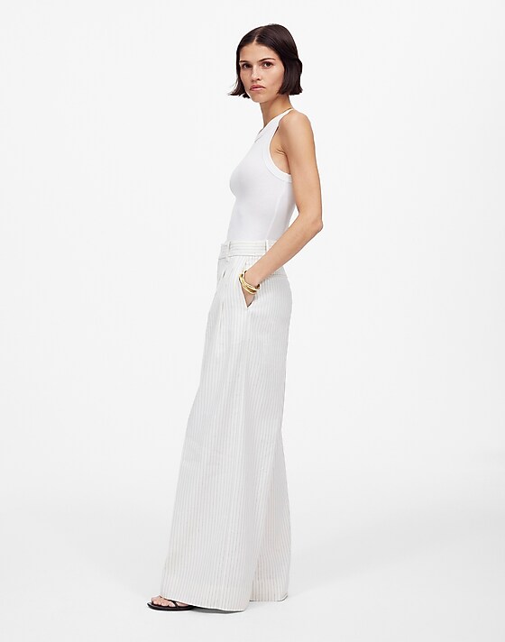 Madewell The Superwide-Leg Trouser In Pinstripe Linen Blend Ivory Black Pinstripe