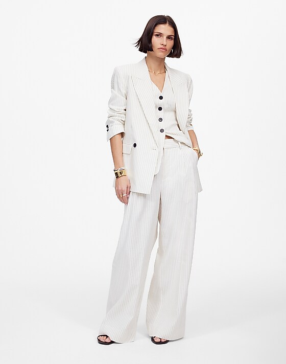madewell The Superwide-Leg Trouser in Pinstripe Linen Blend ivory black pinstripe