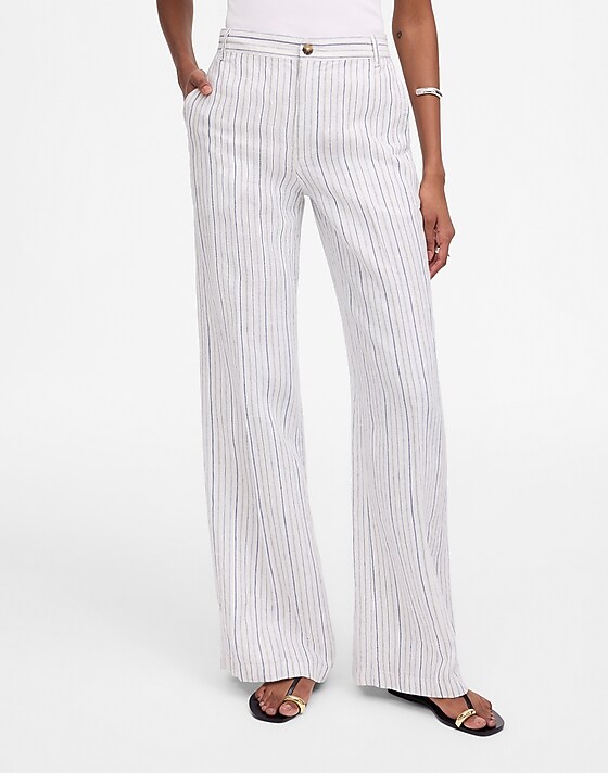 Madewell The Zoe Relaxed Wide Pant In 100% Linen Blue White Beachy Stripe