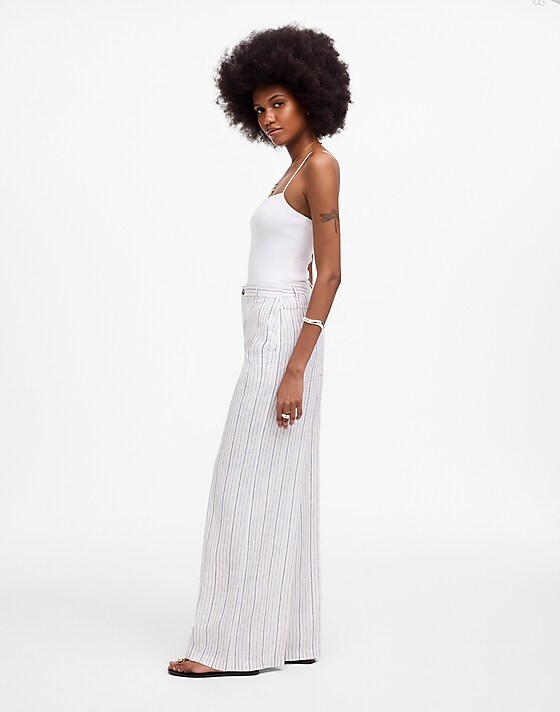 Madewell The Zoe Relaxed Wide Pant In 100% Linen Blue White Beachy Stripe