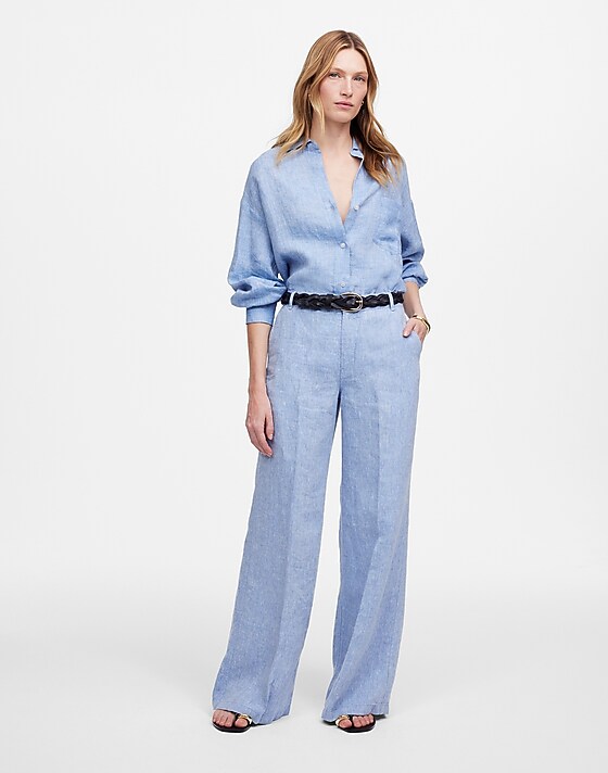madewell The Zoe Relaxed Wide Pant in 100% Linen sunfaded blue