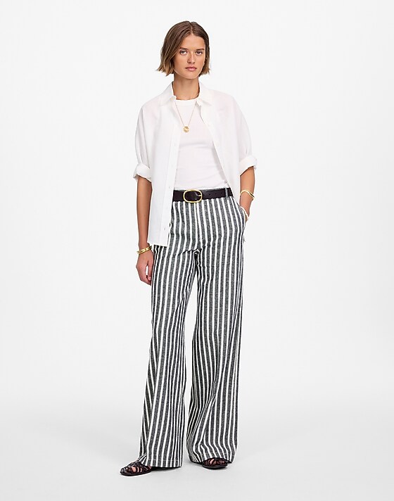 madewell The Zoe Relaxed Wide Pant in Linen-Cotton Blend navy white stripe