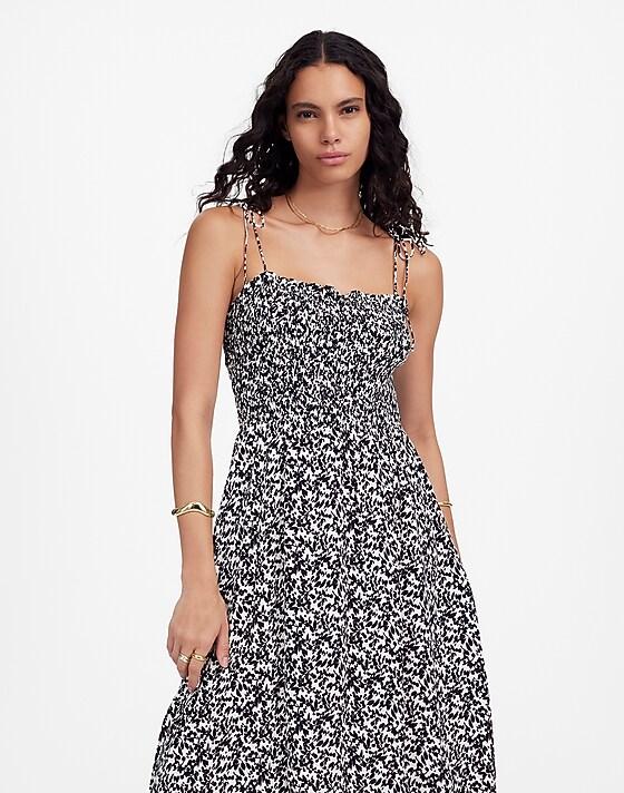 Madewell Tie Shoulder Midi Dress In Floral Abstract Leaf Black Ivory
