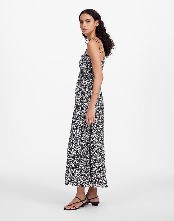 Madewell Tie Shoulder Midi Dress In Floral Abstract Leaf Black Ivory