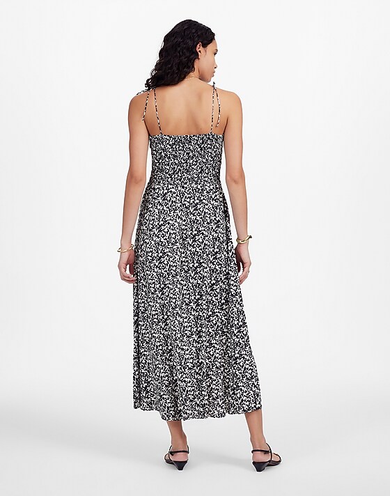 Madewell Tie Shoulder Midi Dress In Floral Abstract Leaf Black Ivory