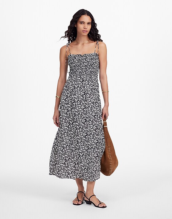 madewell Tie Shoulder Midi Dress in Floral abstract leaf black ivory