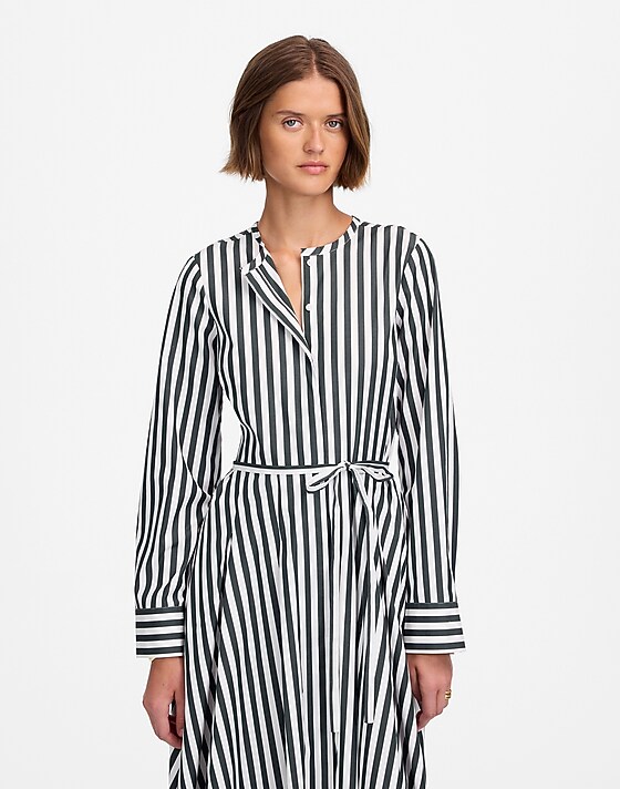 Madewell Tie-Waist Midi Shirtdress In Stripe Deep Forest