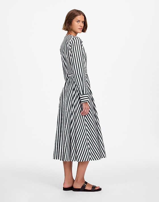 Madewell Tie-Waist Midi Shirtdress In Stripe Deep Forest