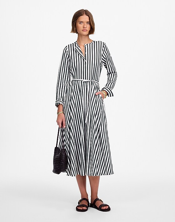 madewell Tie-Waist Midi Shirtdress in Stripe deep forest