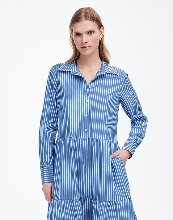 Madewell Tie-Waist Tiered Midi Dress Blue And White Stripe